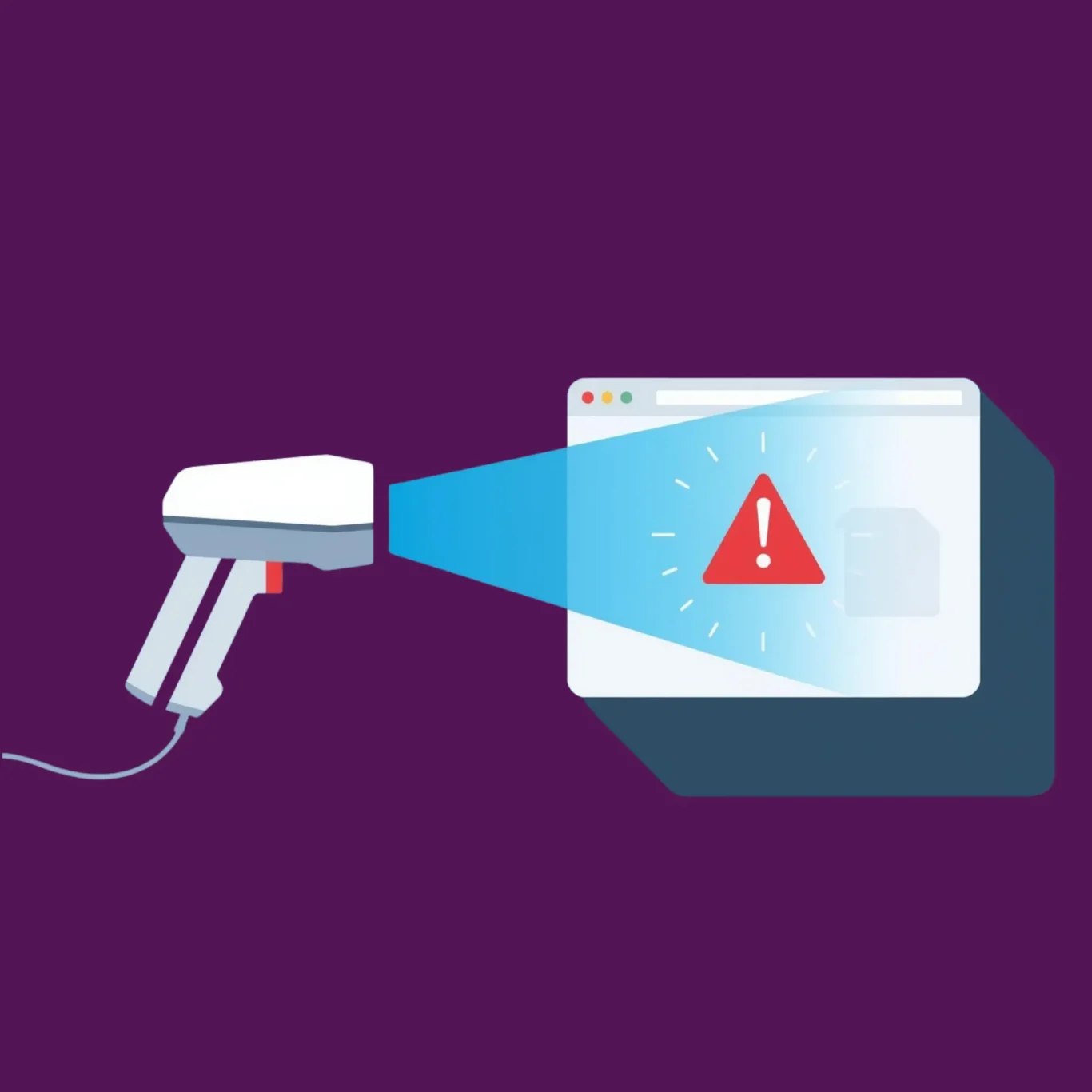 Illustration eines Datenschutz-Scanners mit Warnsymbol – SHINDOD prüft die Webseite regelmäßig auf Risiken, ohne Kundendaten zu berühren