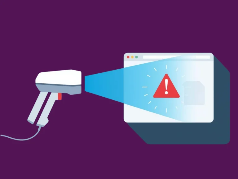 Illustration eines Datenschutz-Scanners mit Warnsymbol – SHINDOD prüft die Webseite regelmäßig auf Risiken, ohne Kundendaten zu berühren
